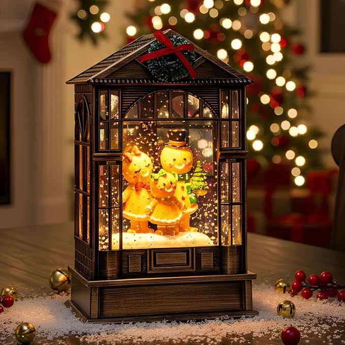 Christmas Snow Globe, Lighted Gingerbread Man Family Scene, Musical Snow Water Lantern Swirling Glittering Holiday Decoration and Gift for Family Children or Friends