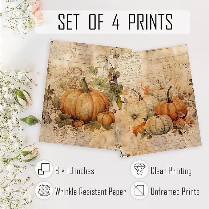 HRQKO Vintage Fall Wall Art Poster Prints Set of 4, Fall Wall Decor, Farmhouse Pumpkin Decor Artwork Prints Posters Wall Decor, Fall Pumpkin Decorations for Home Bedroom Kitchen 8”x10” Unframed