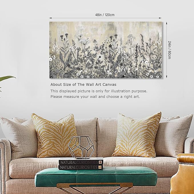 NINEASO Botanical Canvas Wall Art - Wildflower Pictures Vintage Grey Brown Floral Wall Decor Rustic Beige Print Flower Plants Painting Artwork for Living Room Bedroom Home Office Decorations 24" x 48"