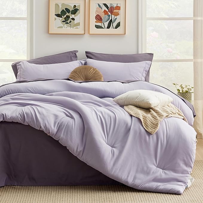 Bedsure King Size Comforter Set - 7 Pieces Lavender King Bedding Set for All Seasons, Boho Contrasting Design Bed in a Bag with Comforter, Sheets, Pillowcases & Shams