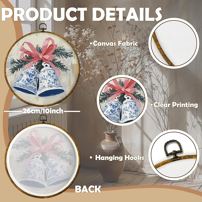 CUANFDDSF Chinoiserie Christmas Bells Round Wall Art Decor, Vintage Christmas Bells Wall Hanging Frame Decor, Grand Millenial Xmas Holiday Canvas Prints Decorations for Home Bedroom, 10x10 Inch