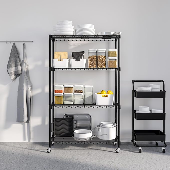 Seville Classics Solid Steel Wire Shelving Storage Unit Adjustable Shelves Organizer Rack, for Home, Kitchen, Office, Garage, Bedroom, Closet, Black, 4-Tier, 36" W x 14" D