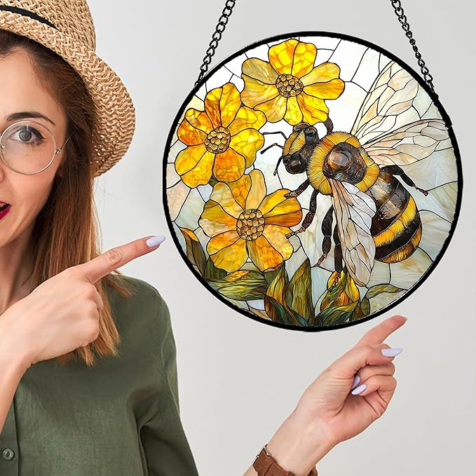 Stained Glass Window Hanging - Yellow Bees Gathering Flowers Sun Catcher for Door Garden Home Decor Cute Suncatcher Christmas Mother's Day Birthday Gifts for Women Men Mom Nana 6.3 in