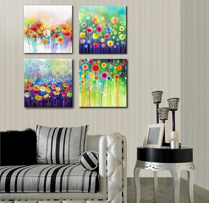 Abstract Floral Canvas Wall Art, Colorful Flowers Artwork Painting Prints Modern Watercolor Pictures Framed for Living Room Bedroom Bathroom Office Home Decor - 20"x20"x4 panel