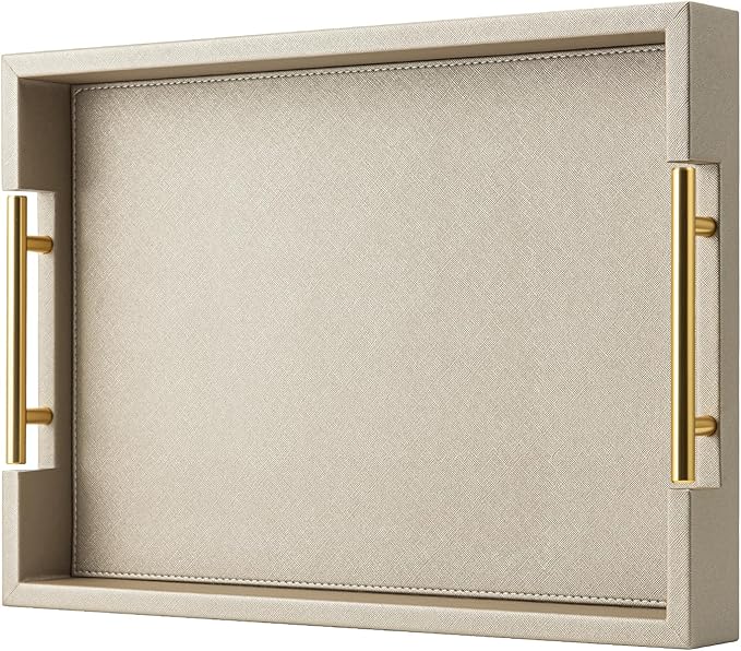 Champagne Faux Leather Serving Tray with Handles,20x14 inches, Large Decorative Tray for Ottoman Coffee Table Decor Living Room, Kitchen, Bathroom