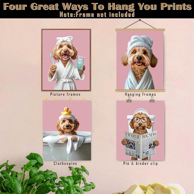 FITIE Funny Cockapoo Bathroom Wall Art Posters Set of 4, Dog Bathroom Decor, Pink Cute Bathrobe Toilet Bathing Cockapoo Dog Canvas Prints Artwork Wall Decor for Bath Wash Room, 8x10 Unframed