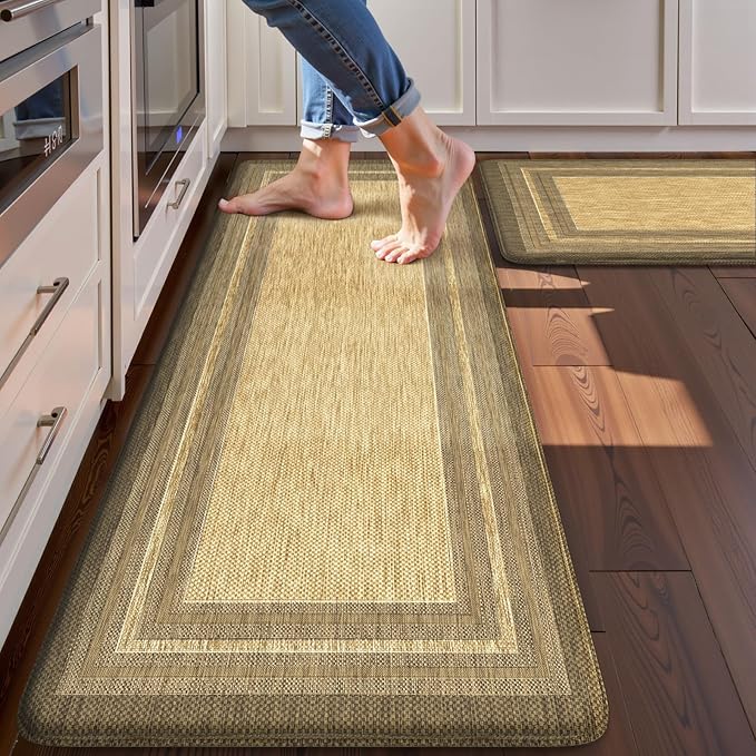 KIMODE Anti Fatigue Kitchen Mats for Floor, Farmhouse Kitchen Rugs Sets of 2, Cushioned Kitchen Floor Mats, Comfort Standing Mat for Sink Laundry Office Desk Brown/Khaki 17"x47"+17"x29"