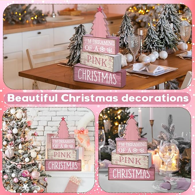 4 Pcs Christmas Table Decoration Wooden Pink Christmas Tree Centerpieces Decor Winter Tiered Tray Decor Rustic Decorative Tree Block Signs Gift Farmhouse Xmas Decoration for Home Kitchen