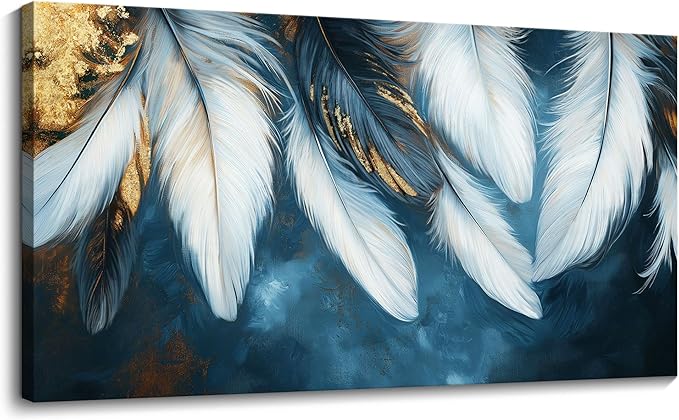 Mofutinpo Blue and Gold Wall Art Navy Blue Decor for Living Room Feather Canvas Art Wall Decor, Blue Bedroom Wall Decor Above Bed Pictures Wall Painting - Artwork for Walls 29×58IN