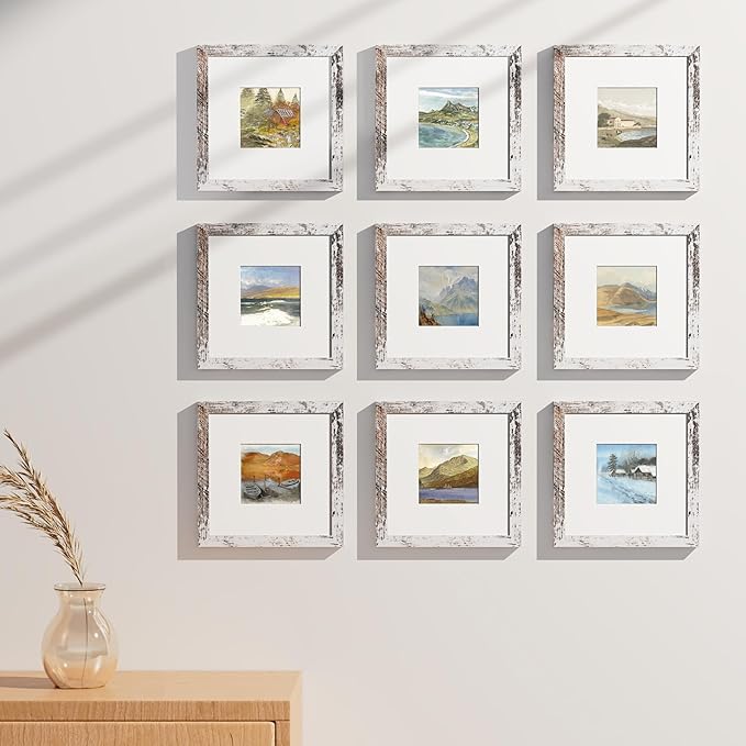 Vittanly 8x8 Picture Frames Set of 9, Shatter Resistant Plexiglass, Display 4x4 Pictures with Mat or 8x8 without Mat, Photo Frames for Wall Mount, Engineered Wood, Distressed White