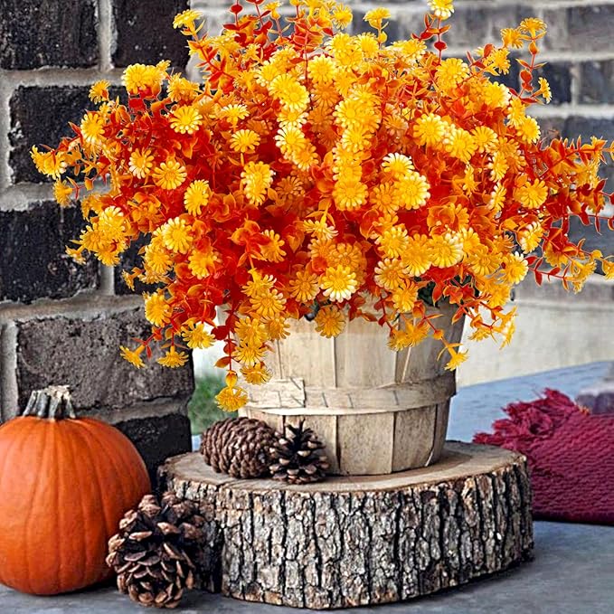 12 Bundles Artificial Fall Flowers for Outdoors Fake Plants - Faux Outside Greenery Boxwood No Fade Plastic Shrubs Decor Farmhouse Home Garden Thanksgiving (Fall Yellow)