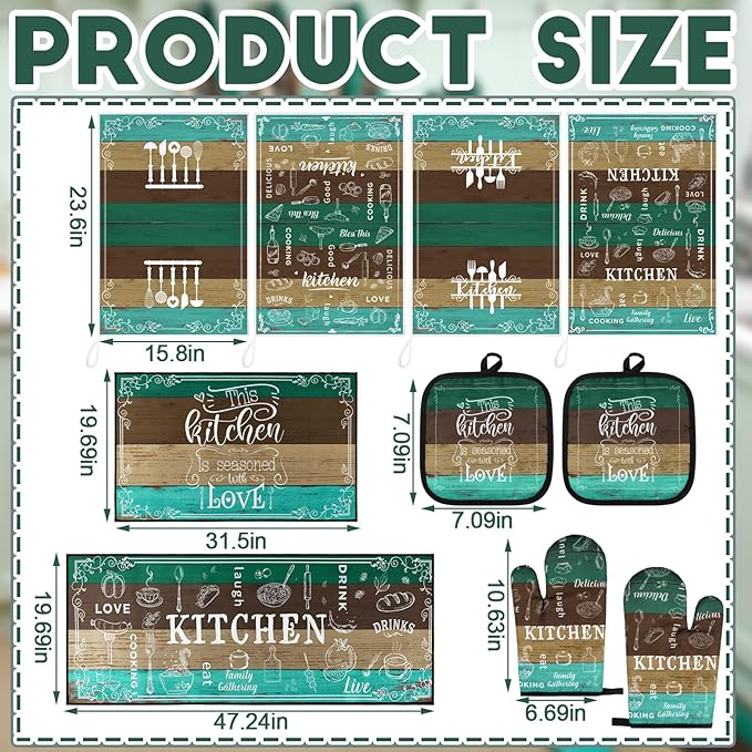 10 Pcs Farmhouse Kitchen Decor Sets, 4 Green Kitchen Dish Towels 2 Teal Pot Holders 2 Oven Mitts Glove Brown Rustic Non Slip Rugs and Mats for Floor Home Decorations Accessories Christmas Mom Gifts