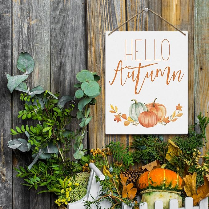 Hello Autumn Sign Autumn Thanksgiving Fall Decor Rustic Wood Sign Wall Decor Welcome Fall Quotes for Home Farmhouse Bedroom Bathroom Seasonal Harvest Decorative Wooden Wall Hanging Decor Plaque