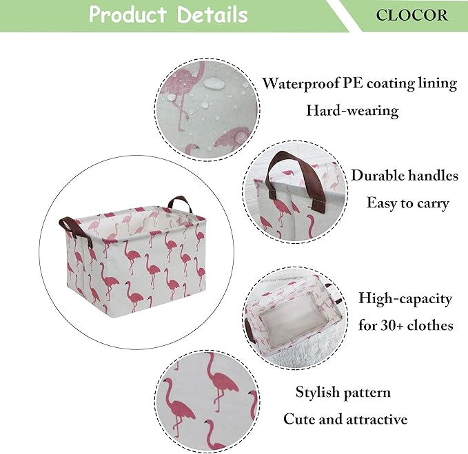 CLOCOR Rectangular Flamingo Storage Basket,Collapsible Cute Pattern Storage Bin,Waterproof Coating Storage Box with Handles,Gift Baskets, Shelf Basket (Flamingo)