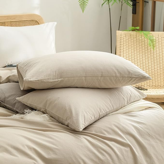 BESTOUCH Duvet Cover Set 100% Washed Cotton Linen Feel Super Soft Comfortable Chic Lightweight 3 PCs Home Bedding Set Solid Almond Milk Grey Cal King