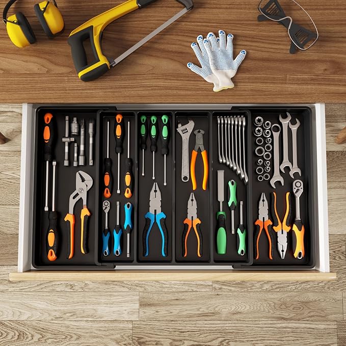 Lifewit Utensil Kitchen Drawer Organizer, Expandable from 18 to 30 inches, Plastic Cooking Cutlery Silverware Tray, Adjustable Spatula Holder, Flatware Tools Gadgets Storage Divider, XXL,Black