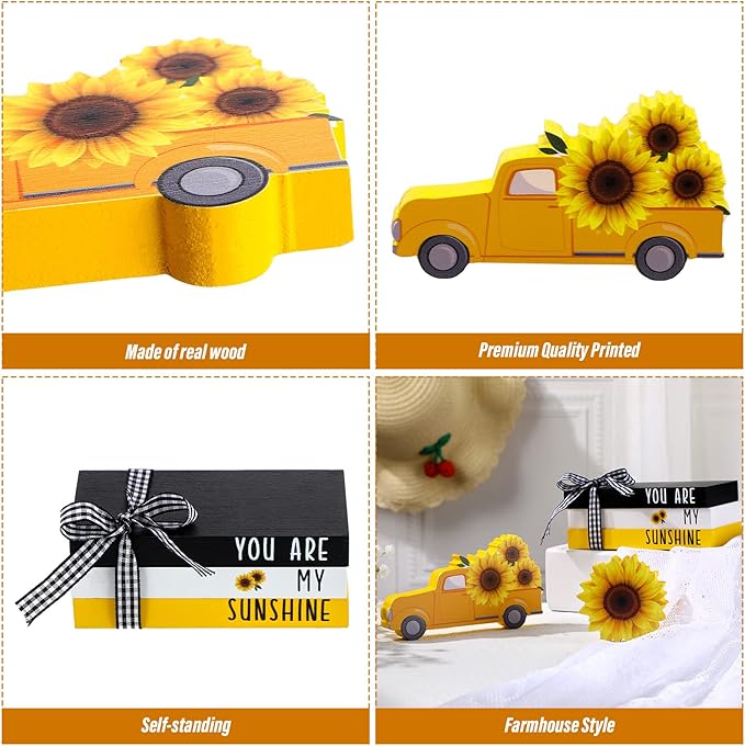 Yookeer 5 Pieces Farmhouse Tiered Tray Decor Items Rustic Wooden Mini Truck Bundle Books Stack Sign for Summer Spring Home Harvest Table Shelf Decorations(Sunflower Style)