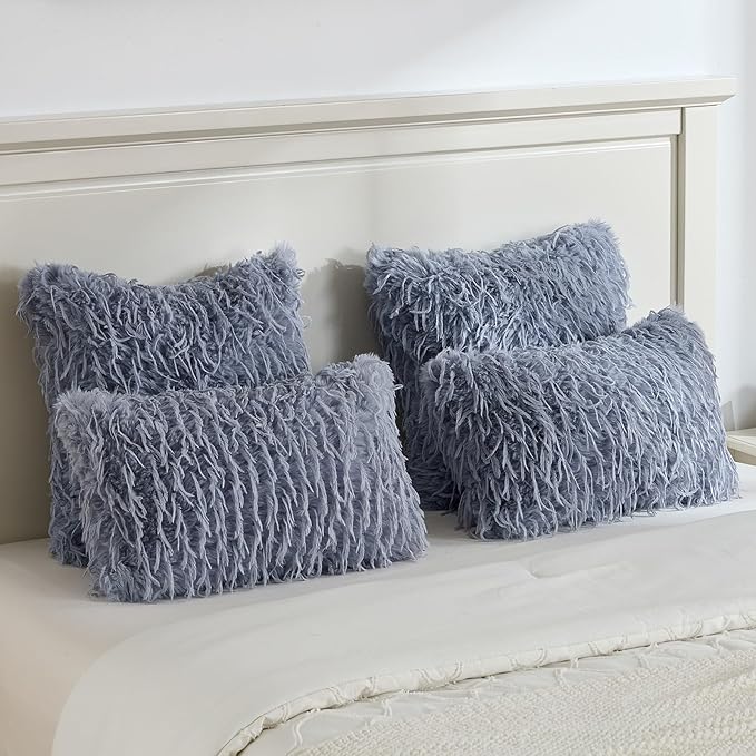 FUTEI Grey Blue Decorative Throw Pillow Covers 26x26 Inch Set of 2,Soft Fluffy Faux Feather Texture Euro Pillow Shams,Modern Home Luxury Decor for Couch Bed Living Room