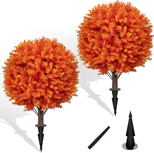 Artificial Orange Boxwood Topiary Ball Bush for Outdoor with Spike, Set of 2 UV Resistant Fall Faux Plant Boxwood Ball Tree with Stake Weatherproof Fake Round Topiary Shrub for Front Porch