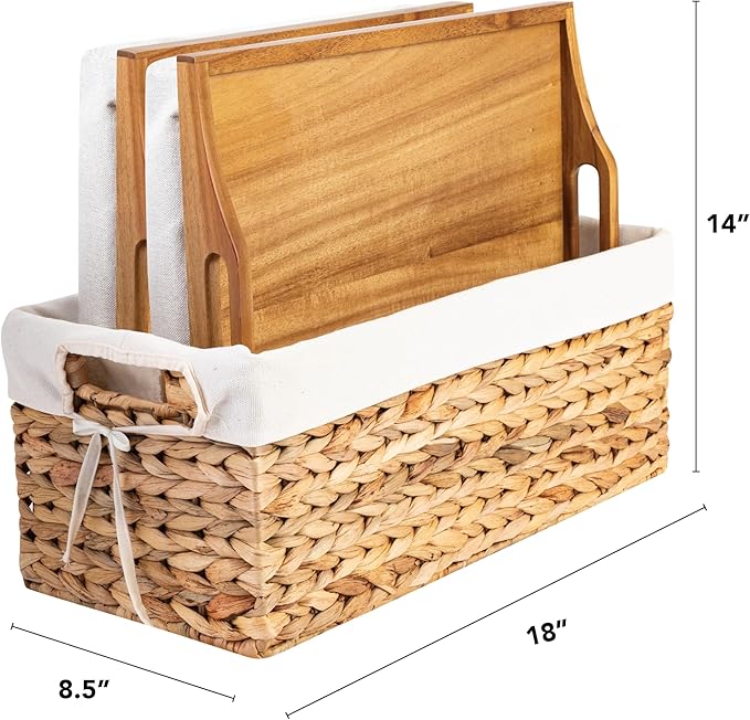 ROSSIE HOME Acacia Wood Bed Tray, Lap Desk - Set of Two - with Hyacinth Storage Basket - Natural - Fits up to 15.6 Inch Laptops - Style No. 70106