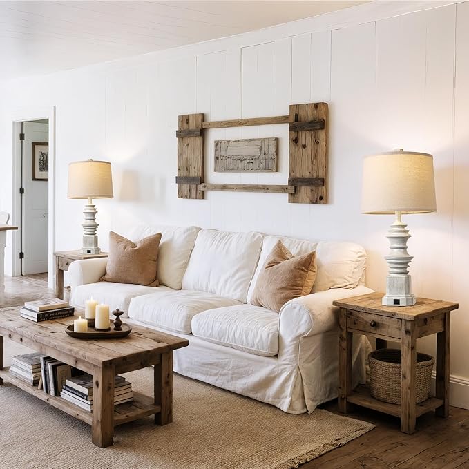 QiMH Table Lamps for Nightstand Set of 2, Bedside Lamp with USB A+C Charging Ports, Farmhouse Table Lamp with Linen Lampshade, Lamps for Living Room, Bedroom Lamps with LED Bulbs, Grey