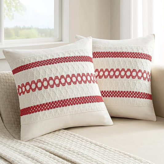 MIULEE Set of 2 Christmas Red Boho Decorative Pillow Covers 18x18 Inch Farmhouse Rustic Couch Throw Pillows Modern Cotton Cushion Covers Retro Cute Macrame Woven Home Decor for Bed Sofa Chair