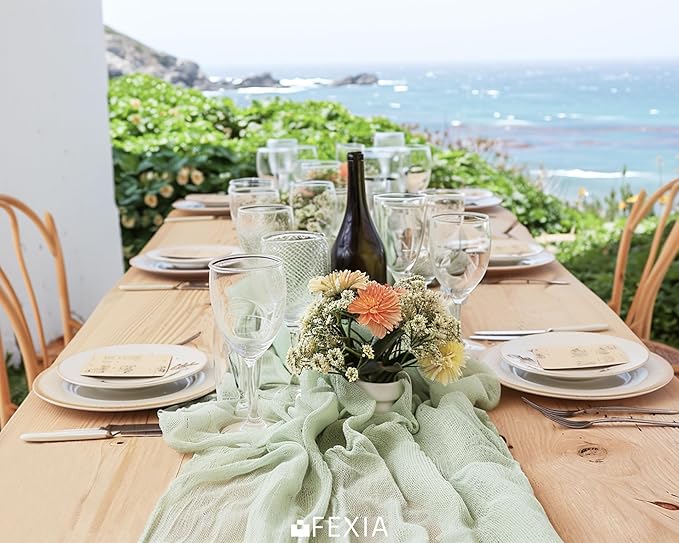 FEXIA Table Runner Sage Green Cheesecloth Table Runner 30x118 Inches for Baby Shower Decorations Spring Easter Decor Rustic Gauze for Wedding Bridal Shower First Communion Home Decor