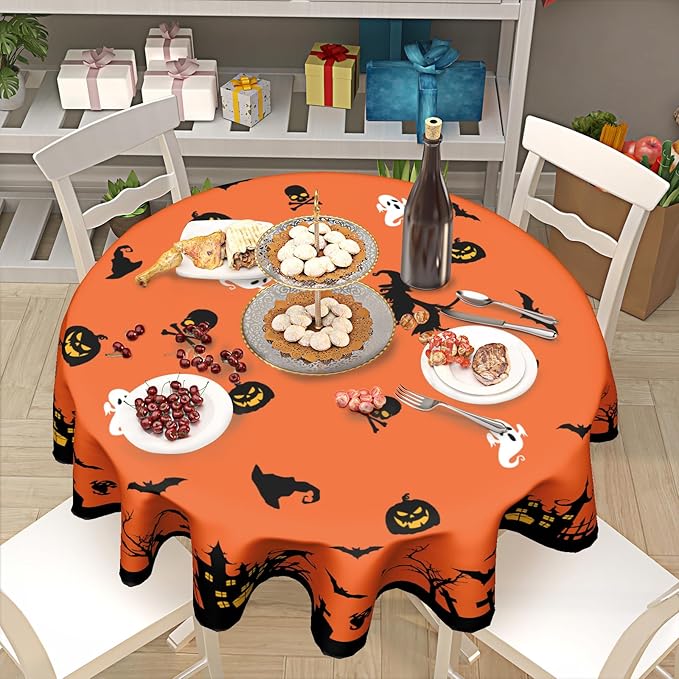 Kawani Halloween Tablecloth Round 60 Inch Orange Table Cloths Halloween Bat Castle Decorative Table Cover Durable Table Cloth Round Cover for Kitchen Dining Room Holiday Tablecloth for Dinner Party