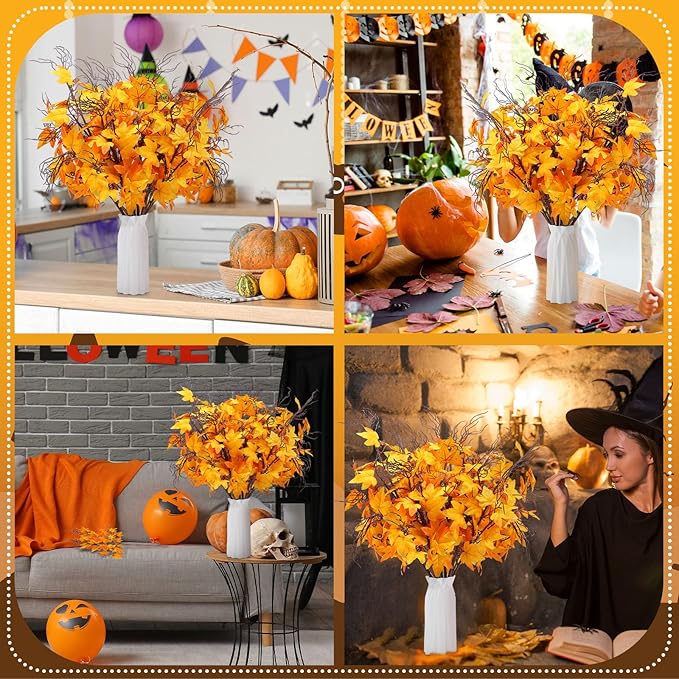 12 Pcs 19.7 Inch Artificial Fall Flowers Orange Fall Fake Maple Leaf Floral Stems Autumn Floral Picks Thanksgiving Harvest Centerpieces Decorations for Home Indoor Vase Arrangement Decor