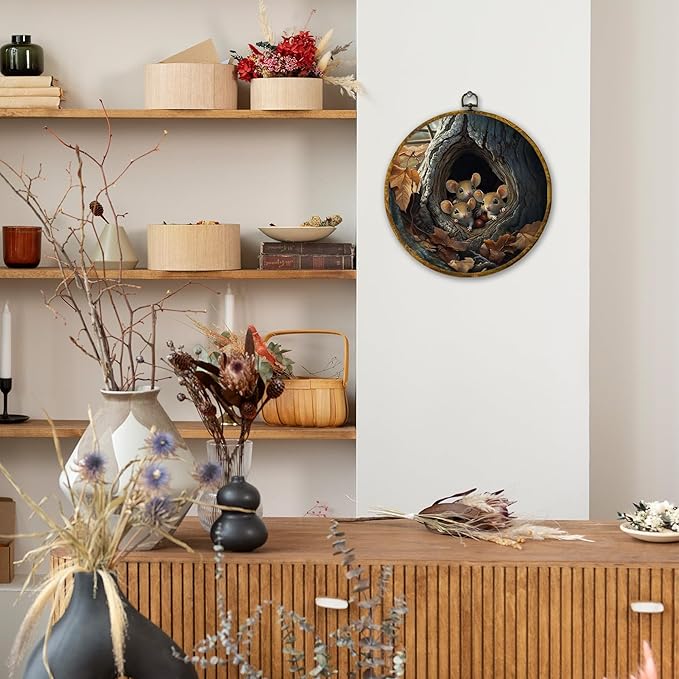 Mcehtle Fall Rat Wall Art Decor, Retro Cottagecore Autumn Mouse Maple Leaf Framed Canvas Prints 10x10, Rustic Country Animal Farmhouse Round Wall Hanging Artwork Decorations for Bedroom Living Room