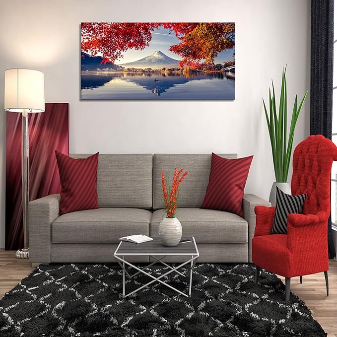 YYYYHPP YP1662 Canvas Prints Mountain Fuji with morning fog and red leaves at lake Kawaguchiko Nature Picture Wall Art Framed Artwork for Living Room Bedroom Kitchen Home and Office Wall Decor