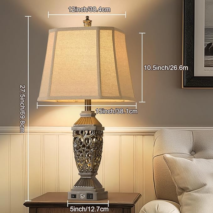 AIDENOEY 27.5“ Farmhouses Table Lamp with USB & USB-C Charging Ports, 3-Color Dimmable & Stepless Bottom Dimming, Touch Control & Switch, Vintage Bedside Lamp for Bedroom Living Room Office,(Brown)