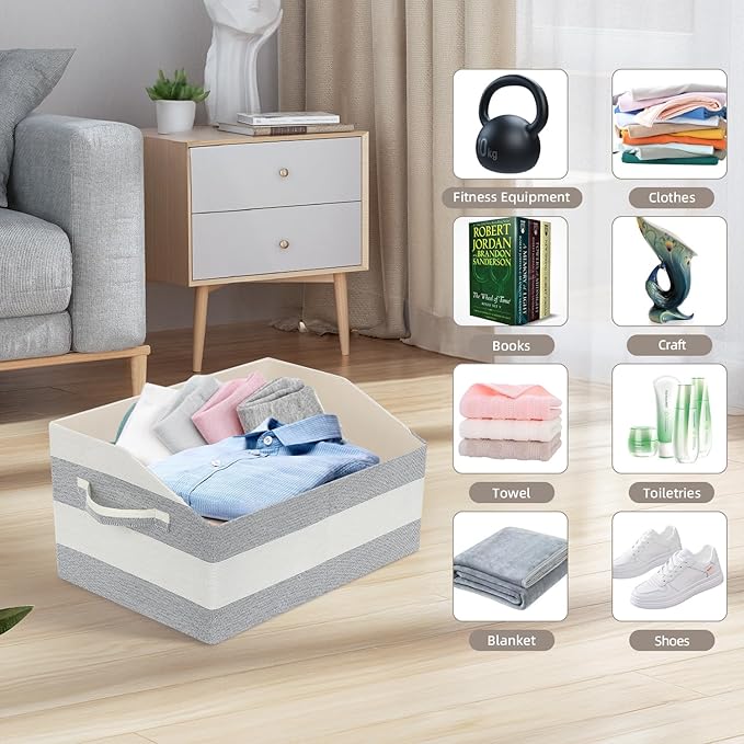 Linen Closet Organizers and Storage, Trapezoid Fabric Bins, Home Office Organization Baskets Striped Collapsible Box with Handles for Clothes, Blanket, Books, DVD, 4 Pack, Gray/White