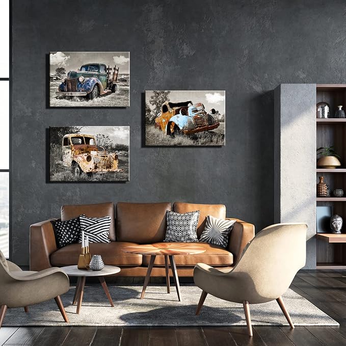 YUANAND Rusty Truck Canvas Wall Art - Vintage Blue Car Pictures Living Room Decor - Country Style Artwork Framed Posters Paintings