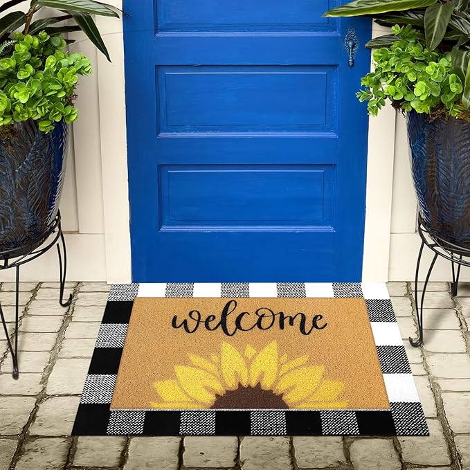 2 Pcs Fall Door Mat Sunflower Welcome Non Slip Coir Mats Autumn Floral Buffalo Plaid Floor Layering Doormats for Home Front Door Porch Entryway Decor