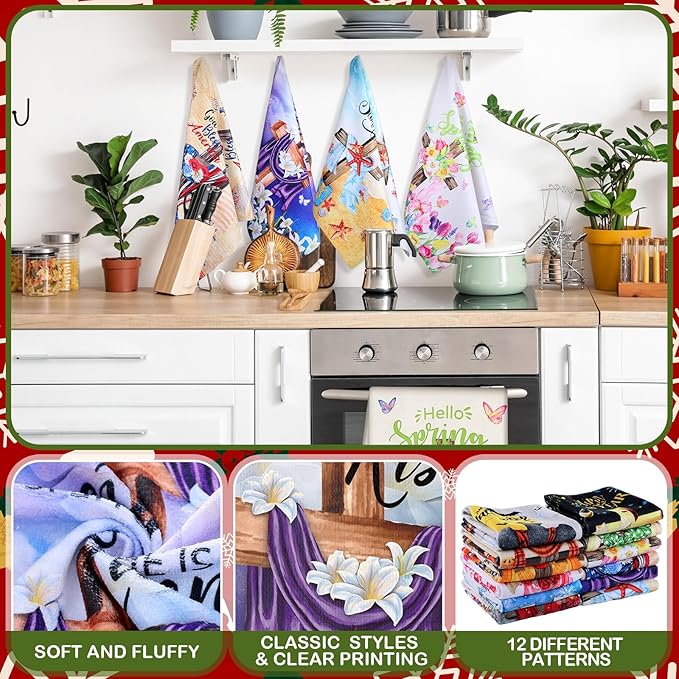 12 Pcs Seasonal Kitchen Towels Set for All Holidays Hand Dish Tea Towels Fall Halloween Christmas Cute Drying Dishcloths Decorative Absorbent Wash Cloths(Cross Style,Vivid Color)