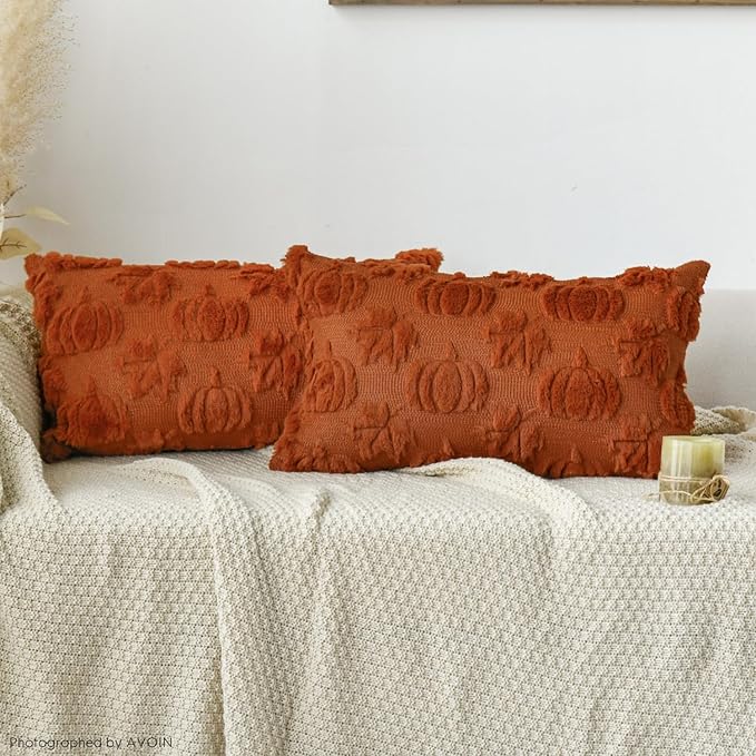 AVOIN colorlife Fall Pumpkin Maple Leaves Caramel Throw Pillow Covers, 12 x 20 Inch Seasonal Autumn Thanksgiving Harvest Soft Plush Faux Fur Jacquard Cushion Case Decoration for Sofa Set of 2