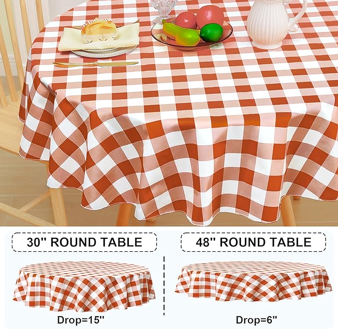 misaya Round Waterproof Vinyl Table Cloth, Buffalo Flannel Backed Tablecloth, Wipeable Plastic Table Cover for Fall, Thanksgiving, (60", Rust and White)