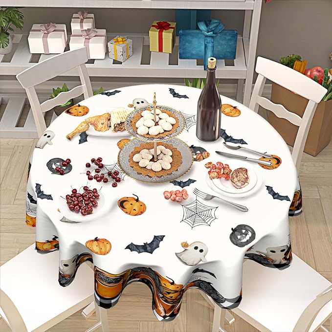 Kawani Halloween Tablecloths - Round Spooky Tablecloths with Pumpkins & Ghosts, 60 Inch, Perfect for Kitchen & Dining Room Dinner Parties