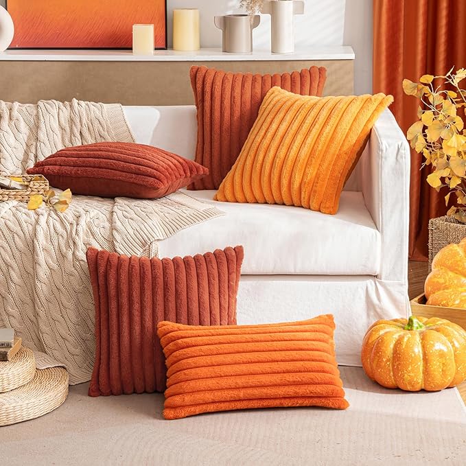 MIULEE Fall Faux Fur Lumbar Decorative Throw Pillow Covers 12x20 Inch Set of 2, Retro Vintage Boho Home Decor Soft Plush Couch Pillows Cozy Fluffy Cushion Covers for Sofa Bed Burnt Orange