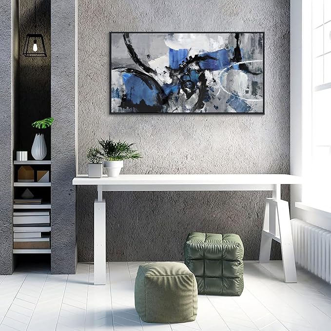 AJAZIKO Blue Abstract Canvas Wall Art: Wall Art for Living Room, Bedroom & Gray Office Decorations for Work, Framed Artwork - Modern Decor with Blue & Black Paintings Pictures Wall Decor 20×40IN