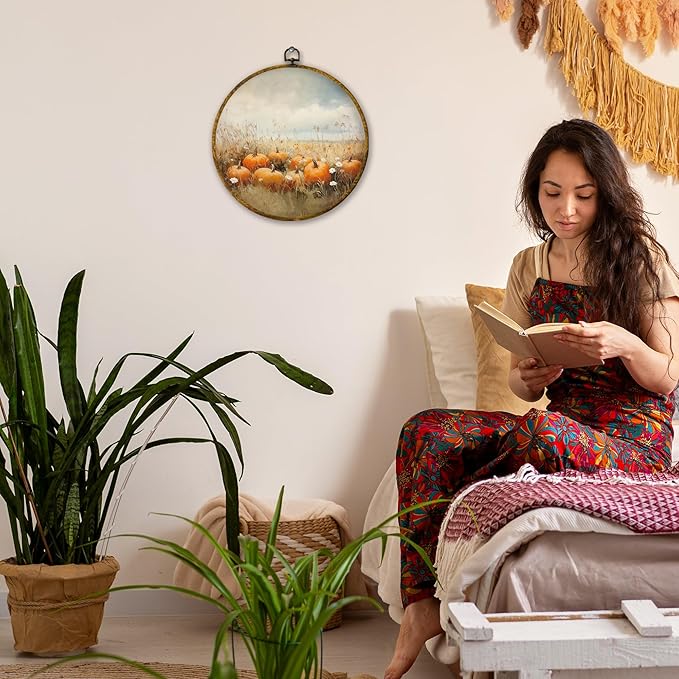 Mcehtle Vintage Fall Pumpkin Wall Art Decor, Rustic Autumn Wildflower Field Landscape Framed Canvas Prints 10x10, Countr Farmhouse Round Wall Hanging Artwork Decorations for Bedroom Living Room Home