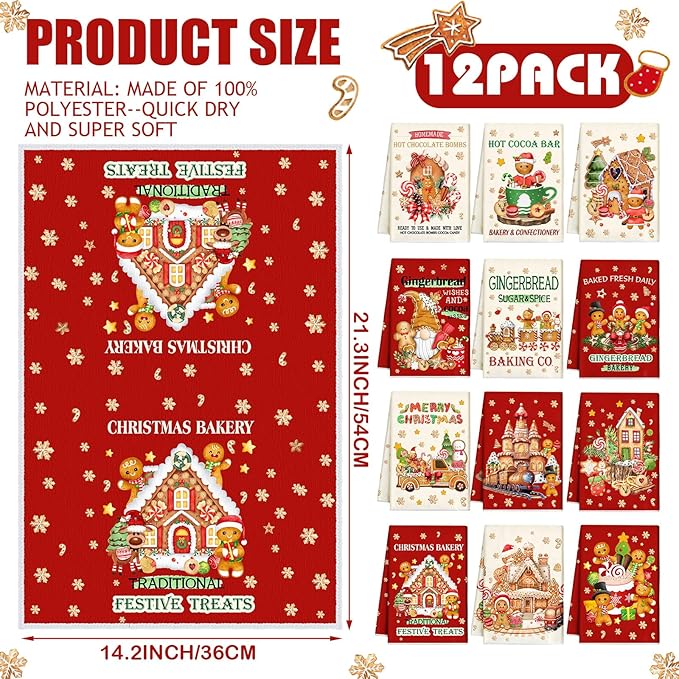 12 Pcs Christmas Kitchen Towels and Dishcloths Absorbent Christmas Tree Reindeer Truck Hand Dish Towels Decoration for Xmas Home Gift Supplies, 14.2 x 21.3 Inch(Classic Style)