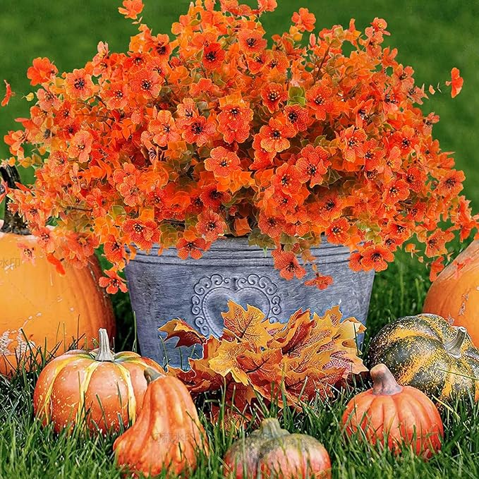 18 Pcs Artificial Mums Flowers Outdoor Plastic Fall Flowers Fake Mums Autumn Greenery Flower for Porch Window Box Farmhouse Thanksgiving Home Decor ((18, Orange)