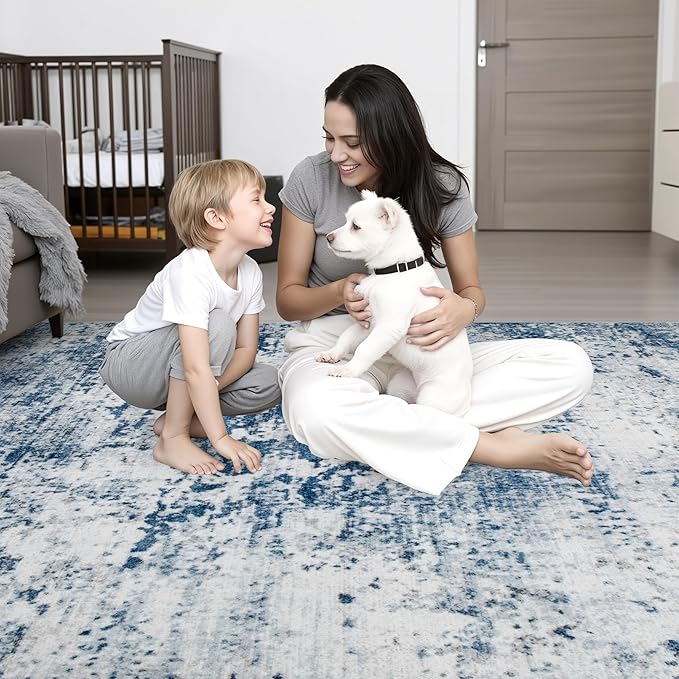 5x7 Area Rug Living Room Rug: Washable Modern Abstract Soft Thin Rug Indoor Floor No Slip Stain Resistant Carpet for Bedroom Dining Room Farmhouse Nursery Home Office - Blue