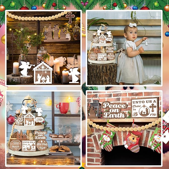 17 Pcs Christmas Tiered Tray Decor Set Winter Tiered Tray Decorations Farmhouse Tabletop Centerpiece Christmas Wooden 3D Sign for Xmas Home Buffalo Plaid Rustic Table Decoration(Rustic)