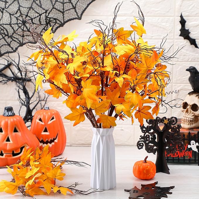 12 Pcs 19.7 Inch Artificial Fall Flowers Orange Fall Fake Maple Leaf Floral Stems Autumn Floral Picks Thanksgiving Harvest Centerpieces Decorations for Home Indoor Vase Arrangement Decor