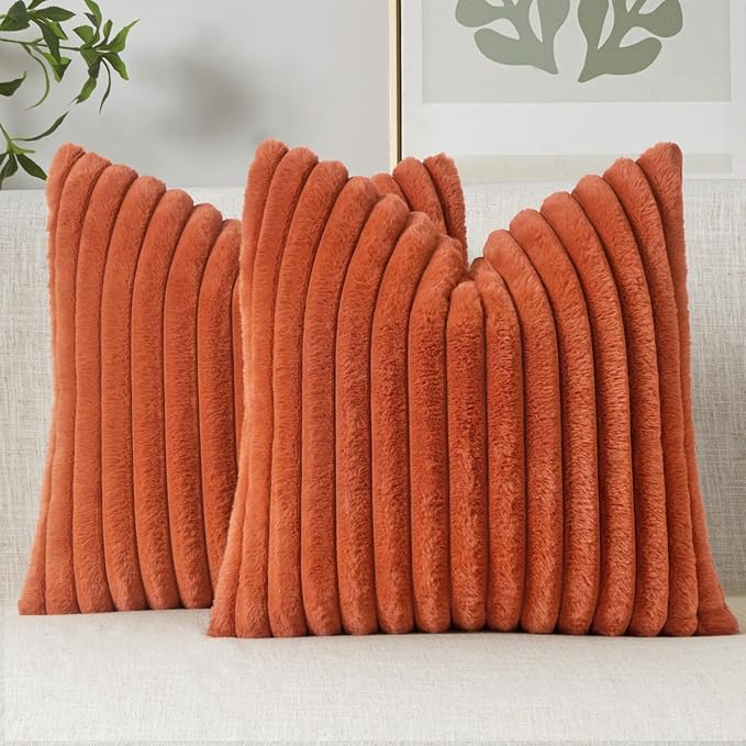 MIULEE Fall Faux Fur Decorative Throw Pillow Covers 20x20 Inch Set of 2, Retro Vintage Boho Home Decor Soft Plush Couch Pillows Cozy Fluffy Cushion Covers for Sofa Bed Burnt Orange