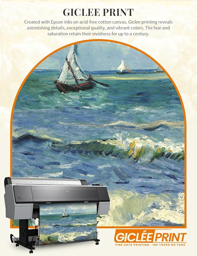 DECORARTS - The Sea at Les Saintes-Maries-de-la-Mer, Vincent Van Gogh Art Reproduction. Acid Free Cotton Canvas Giclee Print w/Bronze Frame&Mat for Wall Decor.