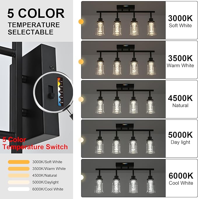 MELUCEE LED Ceiling Spotlight Kitchen Track Lighting Kits 5-Light Bathroom Vanity Light Black Wall Mounted Lamp with Flexibly Rotatable Light Heads, Built-in LED Chips, 5-Color Temperature Adjustable
